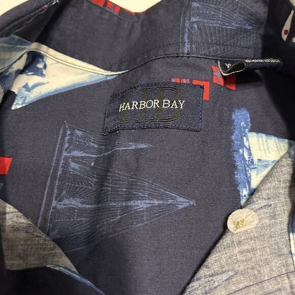 Harbor Bay Button Down Shirt with Sailboats Men's XLT Navy Blue Vacation Beach - Picture 4 of 7
